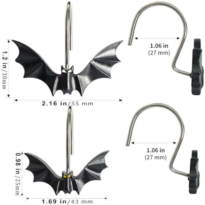 CHICTIE Halloween Shower Curtain Hooks, Cute Bat Decorative Shower Rings for Shower Curtains Rods,Set of 12 Black Shower Hooks Hangers Rust-Resistant Babys Girls Room Bathroom