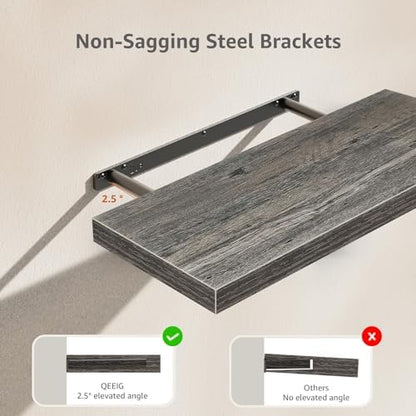 QEEIG Floating Shelves for Wall 23.6" Long - Wall Mounted Shelf Bathroom Kitchen Living Room Bedroom Farmhouse Home Decor Display Bookshelf Large 23.6 x 9.3 inch Set of 2, Grey (008-60GY)