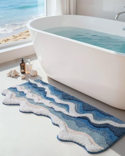 DEXI Cute Bath Mat, Sea Ocean Wave Bathroom Rugs, 43x26 Blue