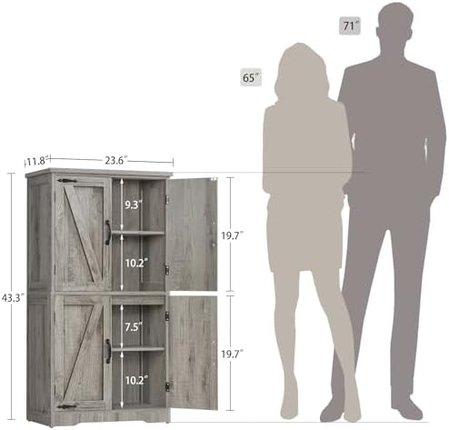 TEENFON Farmhouse Storage Cabinet with 2 Adjustable Shelves, Bathroom Cabinet with 4 Doors, Cupboard for Kitchen, Living Room, Rustic Gray