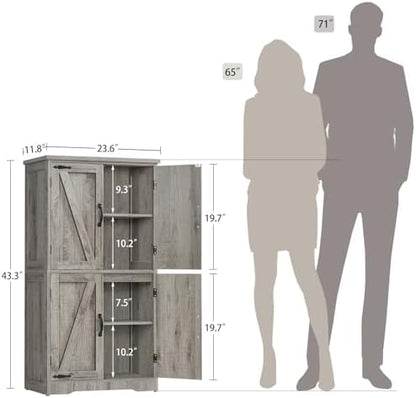 TEENFON Farmhouse Storage Cabinet with 2 Adjustable Shelves, Bathroom Cabinet with 4 Doors, Cupboard for Kitchen, Living Room, Rustic Gray
