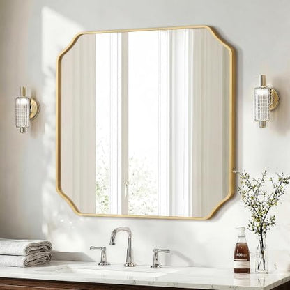 Delma Bathroom Vanity Mirror, Black Framed Aluminum Bathroom Mirror for Over Sink, Scalloped Round Corner Wall Mirror, High-Definition Vanity Mirror, Hangs Horizontally or Vertically (30x30,Gold)