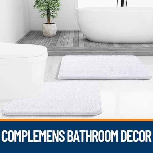 OLANLY Chenille Bathroom Rugs Mats Sets 2 Piece, 47"x20"+24"x20", White