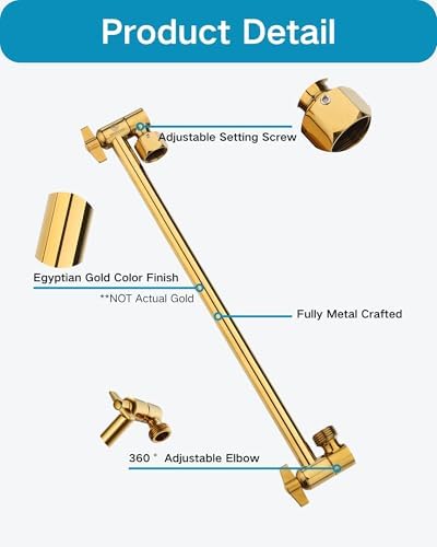 15 Inch Extra Long Adjustable Shower Head Extension Arm With Locking Set Screw, Singing Rain 304 Stainless Steel Angle Height Adjustable, G1/2 Universal Connector Compatible (Egyptian Gold)