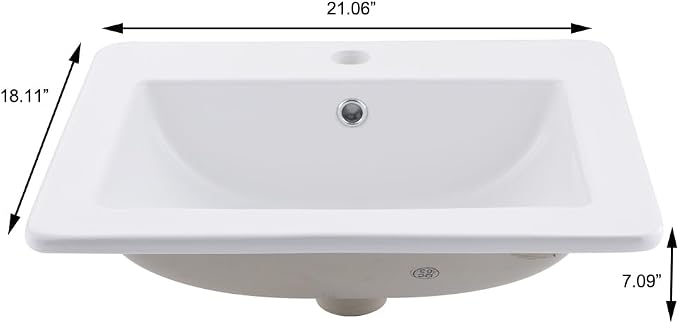 21x18 White Vessel Bathroom Sink Drop In Ceramic Vanity | Vessel Sink, 21x18" White Ceramic Bathroom Sink, Drop In Rectangular Vanity, Semi Recessed, with Overflow, Easy Clean