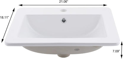 21x18 White Vessel Bathroom Sink Drop In Ceramic Vanity | Vessel Sink, 21x18" White Ceramic Bathroom Sink, Drop In Rectangular Vanity, Semi Recessed, with Overflow, Easy Clean