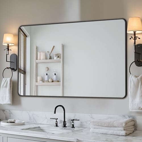 Antok 60x30 Black Metal Framed Bathroom Mirror, Wall Mirror with Round Corners, Vanity Mirror for Over Sink, Anti-Rust Tempered Glass, Horizontal/Vertical Hanging for Bathroom, Living Room, Entryway