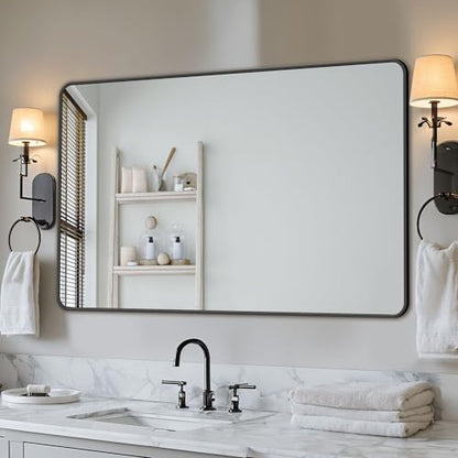 Antok 60x30 Black Metal Framed Bathroom Mirror, Wall Mirror with Round Corners, Vanity Mirror for Over Sink, Anti-Rust Tempered Glass, Horizontal/Vertical Hanging for Bathroom, Living Room, Entryway
