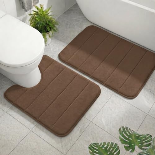 2 Piece Memory Foam Bath Mat Set, Extra Soft Absorbent Bathroom Rugs with U-Shaped Toilet Rug, Non-Slip Backing, Machine Washable, 24x16 + 20x20 U-Shaped, Coffee