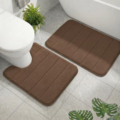 2 Piece Memory Foam Bath Mat Set, Extra Soft Absorbent Bathroom Rugs with U-Shaped Toilet Rug, Non-Slip Backing, Machine Washable, 24x16 + 20x20 U-Shaped, Coffee