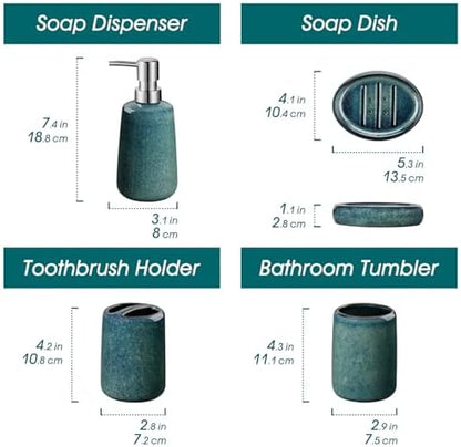 vancasso Green Bathroom Accessories Set, Ceramic Soap Dispenser and Toothbrush Holder Sets, Stoneware 4 Pcs Bathroom Sink Set for Modern Home Decor, Series Starry