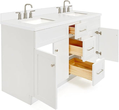 DKB Bradford 60" White Double Bathroom Vanity with Sink, 1.5" Edge Pure White Quartz Countertop, Rectangular Sinks, 2 Soft Closing Doors, 3 Dovetail Drawers, Brushed Nickel