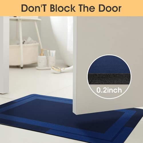 ACCUMTEK Non Slip Bath Mat, Thin Bathroom Rugs Fit Under Door, Quick Dry Bath Mats, Machine Washable Bath Rugs for Bathroom, Bathtub & Kitchen, Bathtub, Dark Blue/Bordered/32 x20