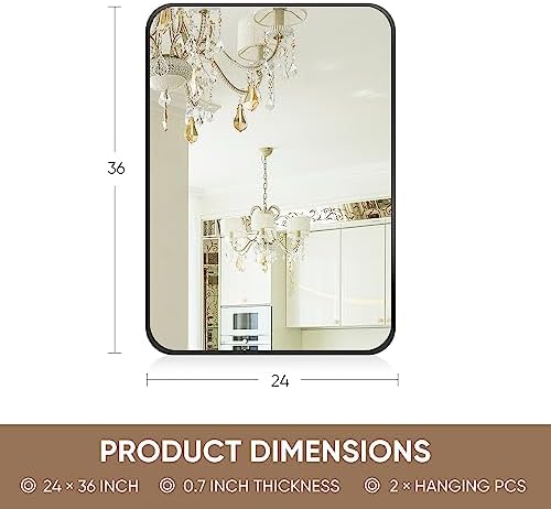 Antok 24x36 Black Metal Framed Bathroom Mirror, Wall Mirror with Round Corners, Vanity Mirror for Over Sink, Anti-Rust Tempered Glass, Horizontal/Vertical Hanging for Bathroom, Living Room, Entryway