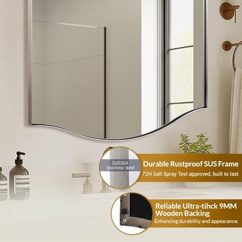 ANDY STAR Brushed Nickel Bathroom Mirror, 22"x30" Scalloped Wall Mirror in Stainless Steel Metal Frame, Unique Vanity Mirror with Modern Curved Edge Design, Ideal for Bathroom, Bedroom, Entryway