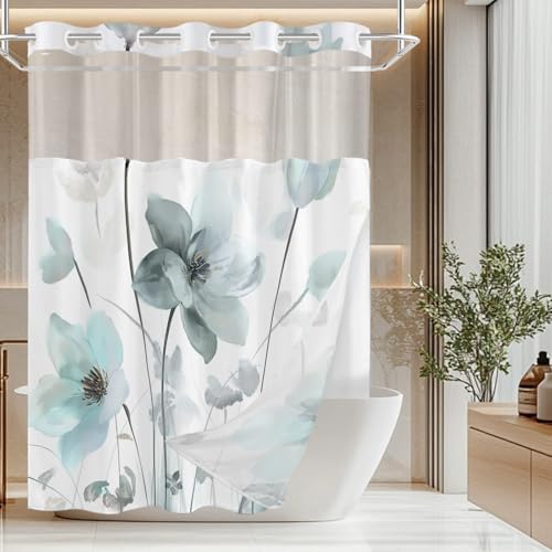 No Hook Shower Curtain and Liner Set, Teal Blue Boho Floral 71x77