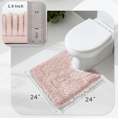 Yimobra Toilet Rugs U Shaped Washable, Extra Thick Soft Absorbent Chenille Contour Bathroom Rugs for Toilet 24x24 Inch, Quick Dry Non Slip Toilet Mat for Bath Floor, Pink