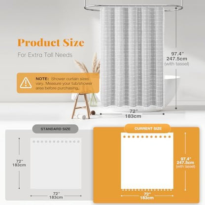 BTTN Extra Long Boho Farmhouse Linen Shower Curtain Set, 72x96, Gray/Grey