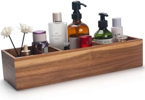 Wood Bathroom Basket, Acacia Wood Toilet Tank Basket, Wooden Storage Box with 3 Compartments for Bathroom Organizer (16.5 x 5.5 x 3.5 inch)