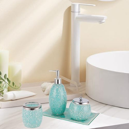 Escenzy Turquoise Bathroom Accessories Set 4 Pcs | Handcrafted Mosaic Glass Soap Dispenser, Toothbrush Holder, Cotton Swab Jar, Vanity Tray | Luxury Coastal Boho Bathroom Decor