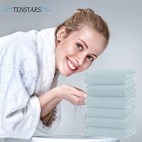 TENSTARS Silk Hemming Hand Towels for Bathroom - Quick Drying - Ultra Soft Microfiber Absorbent Towel for Bath Fitness, Gym, Shower, Hotel, and Spa - 16x28 Inch | Set of 6, Light Teal