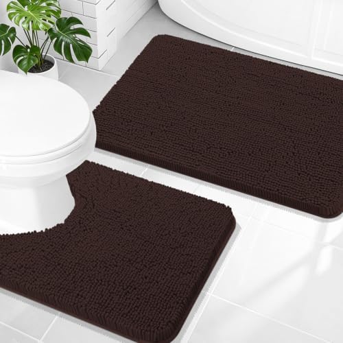OLANLY Chenille Bathroom Rugs Mats Sets 2 Piece, 30"x20"+24"x20", Brown