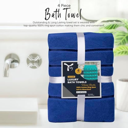 Luxury Bath Towels Set of 4, 27x54 Inches 600GSM 100% Cotton Ring Spun – Daily Use Highly Absorbent Viscose Stripe Bath Towel Sets for Bathroom, Hotel, Spa (Royal Blue)