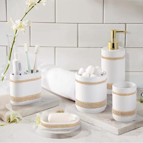 RQYIXI Ceramic Bathroom Accessories Set,White,5 Piece,Rhinestone Design