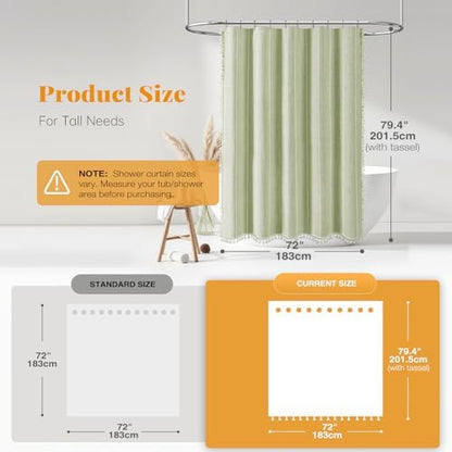 BTTN 72x78 Long Boho Farmhouse Linen Heavy Duty Shower Curtain, Sage Green