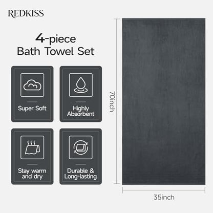 REDKISS Luxury Bath Towels Set of 4, 35x70 in, Highly Absorbent & Quick Dry, Super Soft Extra Large Premium Thick Cotton Gray Bath Sheets for Shower, Hotel, Bathroom, Spa