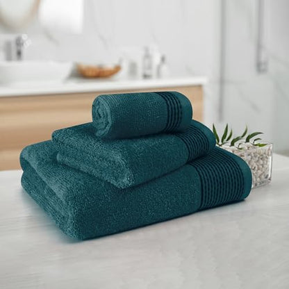 Belizzi Home Ultra Soft 3 Pack Cotton Towel Set, Contains a Bath Towel 28x55 inch, a Hand Towel 16x24 inch & a Wash Coth 12x12 inch, Ideal Everyday use, Compact & Lightweight -Teal
