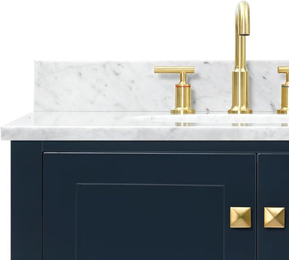 ARIEL Cambridge 72-inch Bathroom Vanity with Sink,Solid Wood, 0.75-inch Italian Carrara Marble Countertop, Double Oval Porcelain Sink, 4 Soft Closing Doors, 6 Dovetail Drawers, Midnight Blue