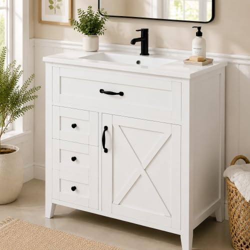 30" Bathroom Vanity with Sink, Freestanding Bathroom Cabinet | Ceramic Top & Backsplash, 3 Storage Drawers, 1 Tilt-Out Storage, Adjustable Shelving, Door Storage and Towel Bar, White