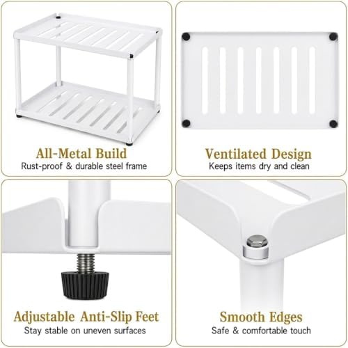 2 Tier Bathroom Counter Organizer, Rectangular Vanity Organizer Shelf, Skincare and Makeup Countertop Storage Rack for Kitchen, Bathroom, Bedroom,White