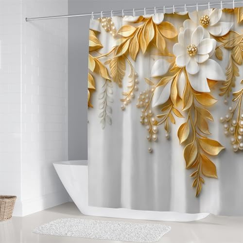 Chrainy 4pcs Golden Leaves Shower Cutain Bathroom Decor Sets with Rugs