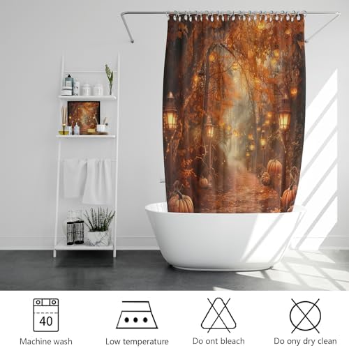 Fall Pumpkins Shower Curtain，Autumn Thanksgiving Harvest Halloween Forest Rural Trail Bathroom Decor，72 x 72 Inch Polyester Fabric Waterproof Bathroom Curtain with 12 Hooks