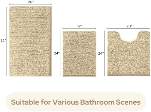 HOMEIDEAS Beige Chenille Bathroom Rugs Set of 3, Non Slip Bath Mat