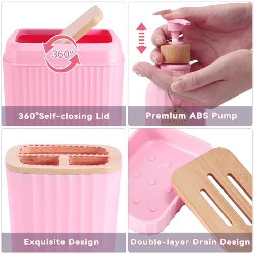 XLHOMO Bathroom Accessories,Bathroom Set with Shower Curtain,Rugs,Trash Can,Lotion Soap Dispenser,Toothbrush Holder,Soap Dish, Tags with Tray（Pink1 ），（Bath Set+Shower Curtain+Bath Rugs）