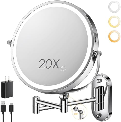 ZLOKLA 9" Wall Mounted Lighted Makeup Mirror,4000mAh Rechargeable Double Sided 1X/20X Magnifying Mirror with Light,Touch Dimmable,Extended Arm 360 Rotation Wall Mounted Makeup Mirror 3 Color Lights
