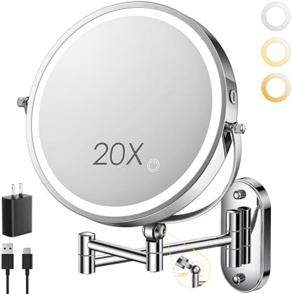 ZLOKLA 9" Wall Mounted Lighted Makeup Mirror,4000mAh Rechargeable Double Sided 1X/20X Magnifying Mirror with Light,Touch Dimmable,Extended Arm 360 Rotation Wall Mounted Makeup Mirror 3 Color Lights