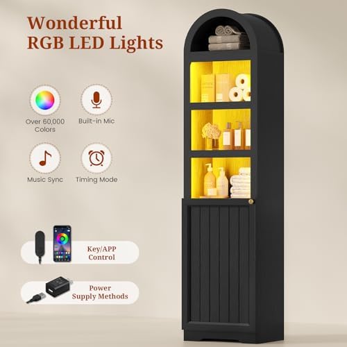 UPOSOJA 72" Tall Arched Narrow Bathroom Storage Cabinet with Lights, Slim Storage Cabinet with Adjustable Shelves for Small Spaces, Farmhouse Style (Black)