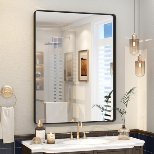 28x36 Inch Black Framed Bathroom Mirror for Wall, Matte Black Metal Frame Mirror, Rounded Rectangle Mirror, Anti-Rust, Shatterproof (Horizontal/Vertical)