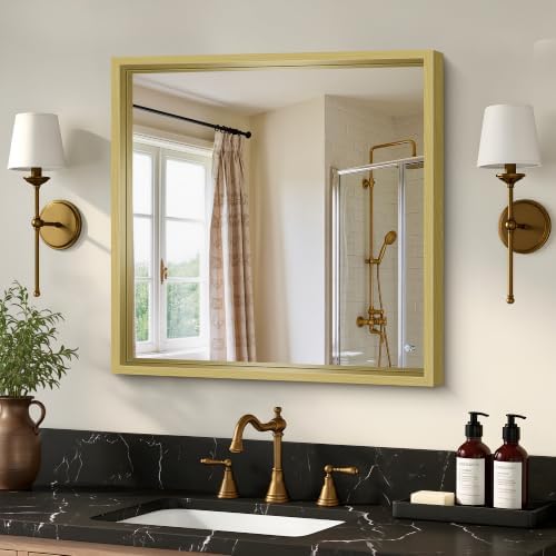 Bathroom Mirror, 24 x 24 inch Natural Wood Grain Colored Aluminum Metal Frame Bathroom Vanity Mirror, Square Wall Mirror for Bedroom Living Room, Tempered Glass,Anti-Rust
