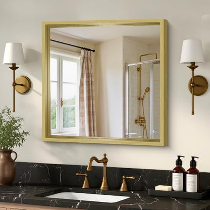 Bathroom Mirror, 24 x 24 inch Natural Wood Grain Colored Aluminum Metal Frame Bathroom Vanity Mirror, Square Wall Mirror for Bedroom Living Room, Tempered Glass,Anti-Rust