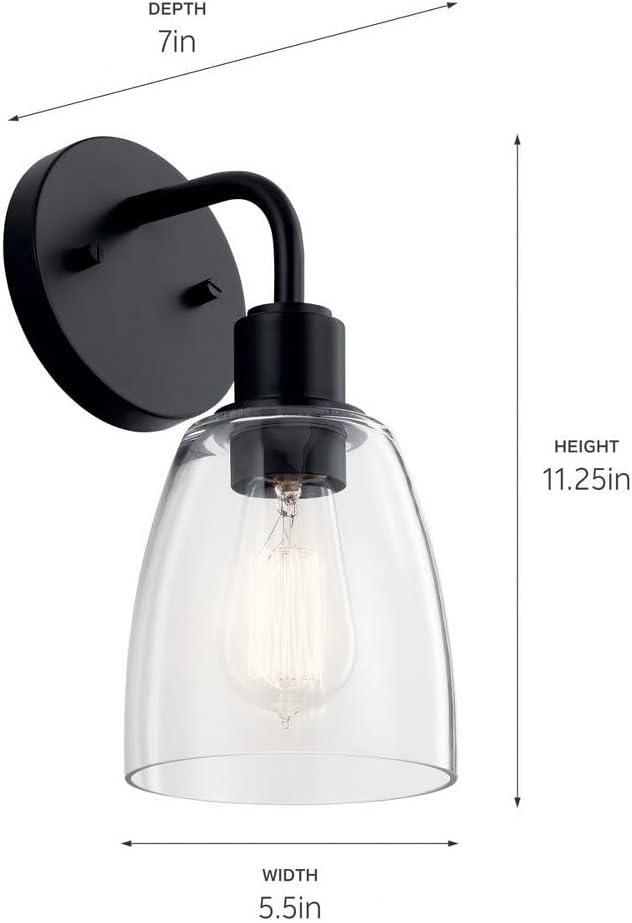 Kichler Meller 11 Inch 1 Light Wall Sconce with Clear Glass in Black