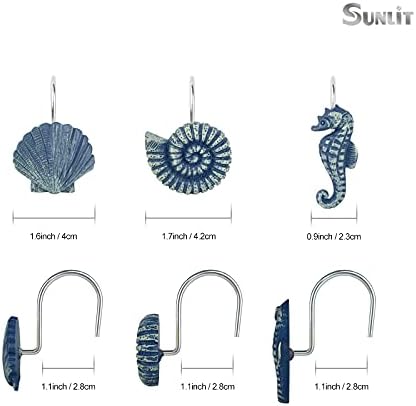 Sunlit Seashells Decorative Shower Curtain Hooks, Blue Ocean Creatures Coastal Shower Curtain Rings, Resin, Nautical Bathroom Decoration Beach Shower Curtain Hooks-12 Pack