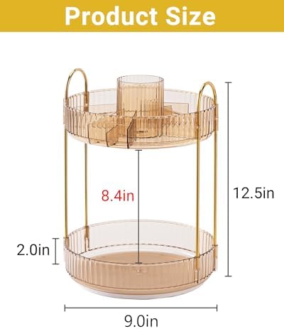 Asayuee 360 Rotating Makeup Organizer,2 Tier Large Capacity Make Up Organizers and Storage,Skincare Perfume Vanity Organizers,Bathroom Cosmetics Storage Organizer Countertop(Gold)