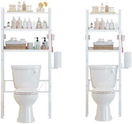 Over the Toilet Storage Shelf 3-Tier Adjustable Bathroom Organizers and Storage Shelves Bathroom Rack Above Toilet Storage with Paper Holder and 4 Hooks Space Saver Storage for Laundry