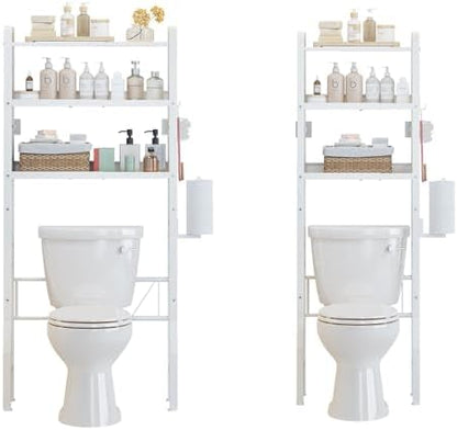 Over the Toilet Storage Shelf 3-Tier Adjustable Bathroom Organizers and Storage Shelves Bathroom Rack Above Toilet Storage with Paper Holder and 4 Hooks Space Saver Storage for Laundry