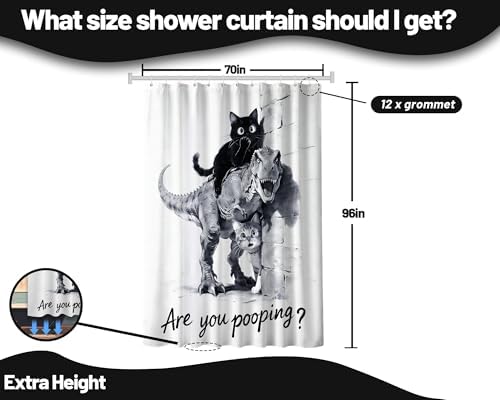 Extra Tall Shower Curtain XL Black Cat Riding Dinosaur, 70 x 96 Inch